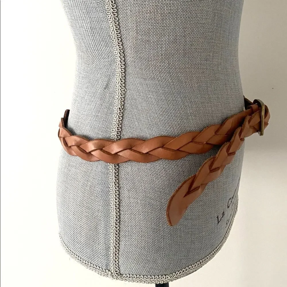 GAP Braided Tan Leather Belt Antique Brass Buckle OS Boho Western Cottage Beach